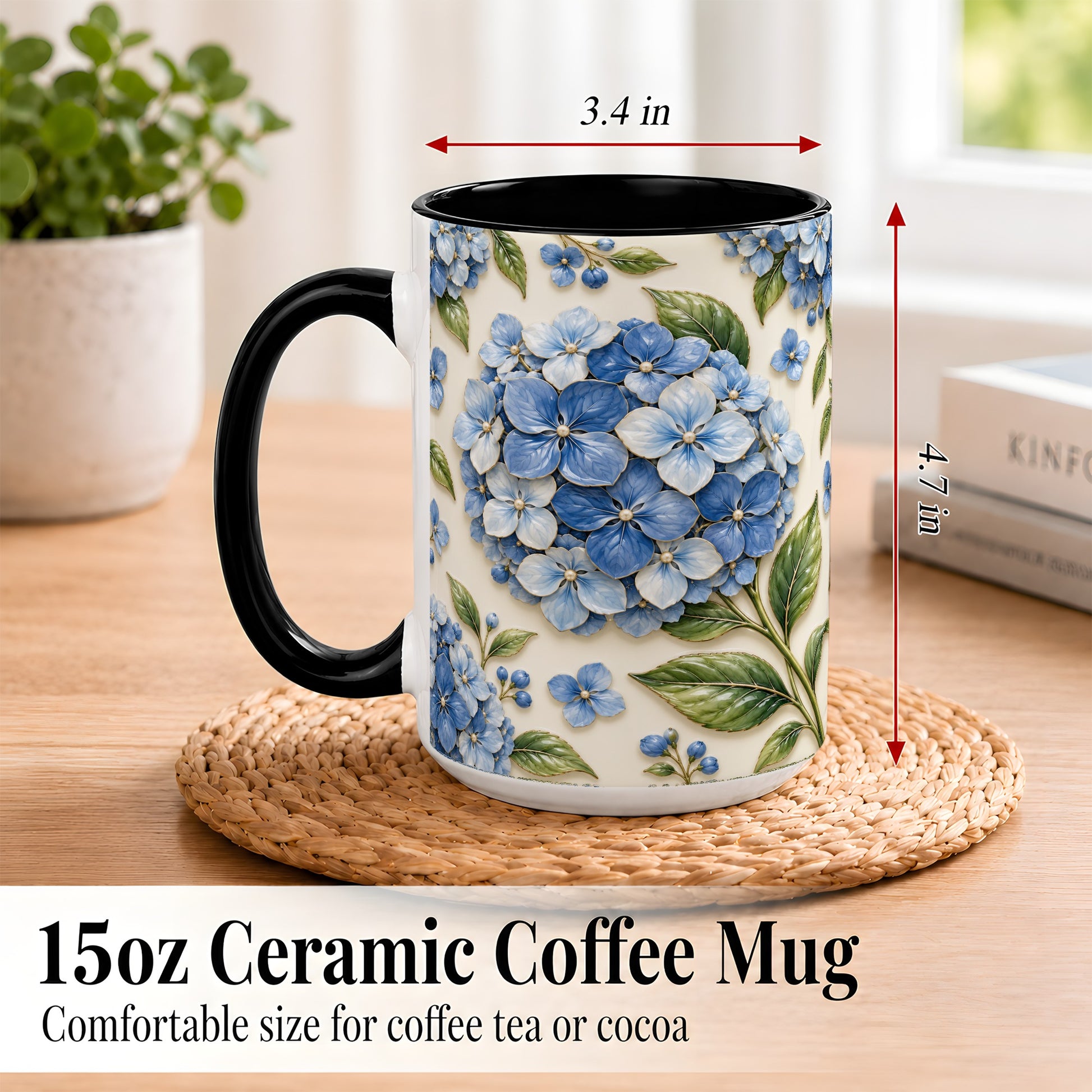 #pl[15oz|Black] Blue Hydrangea Coffee Mug, Botanical Floral Mug, Ceramic Cup
