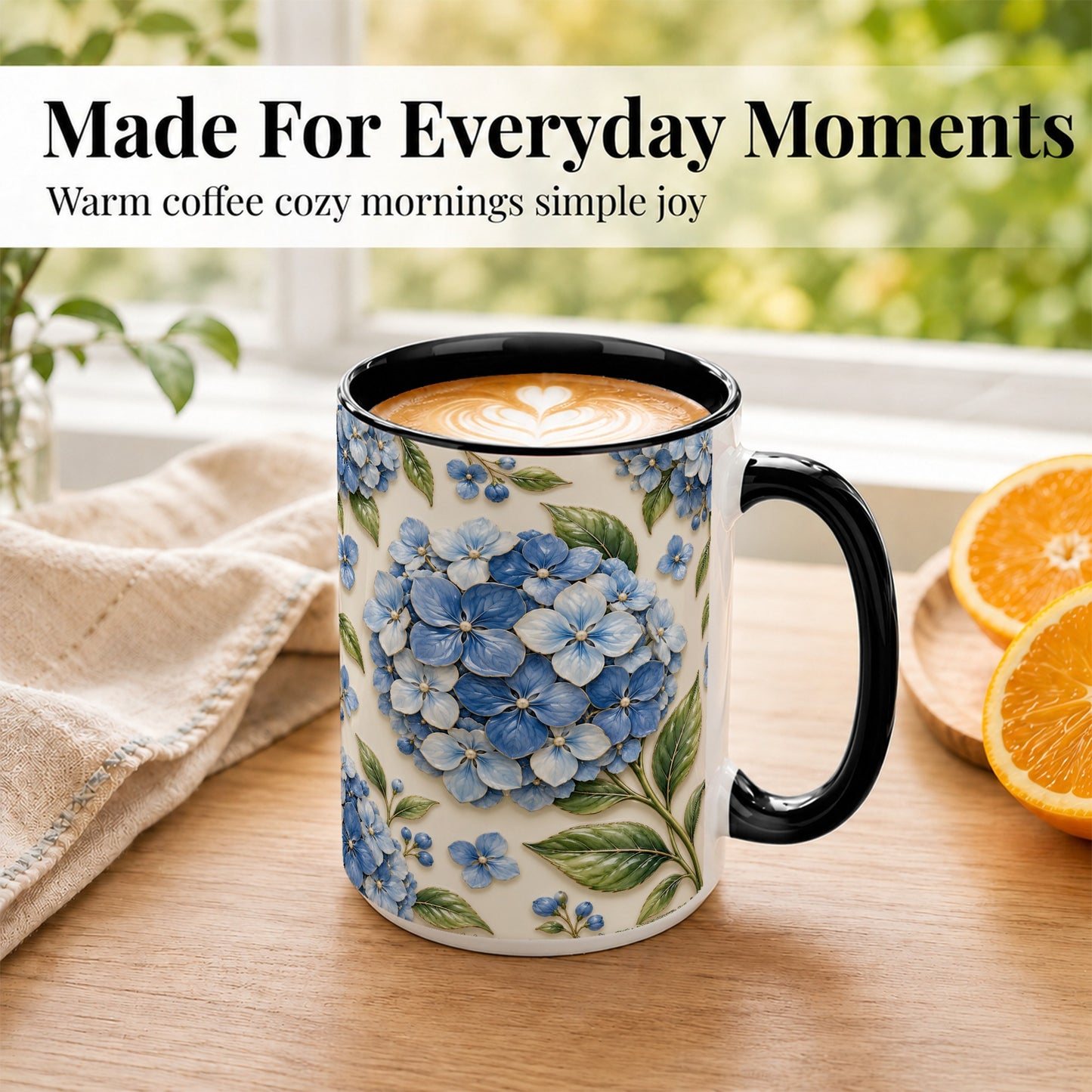 #pl[15oz|Black] Blue Hydrangea Coffee Mug, Botanical Floral Mug, Ceramic Cup