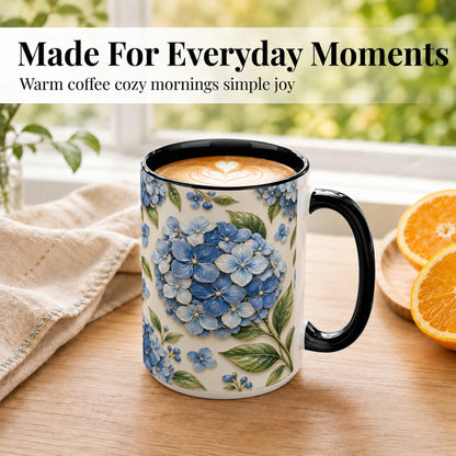 #pl[15oz|Black] Blue Hydrangea Coffee Mug, Botanical Floral Mug, Ceramic Cup