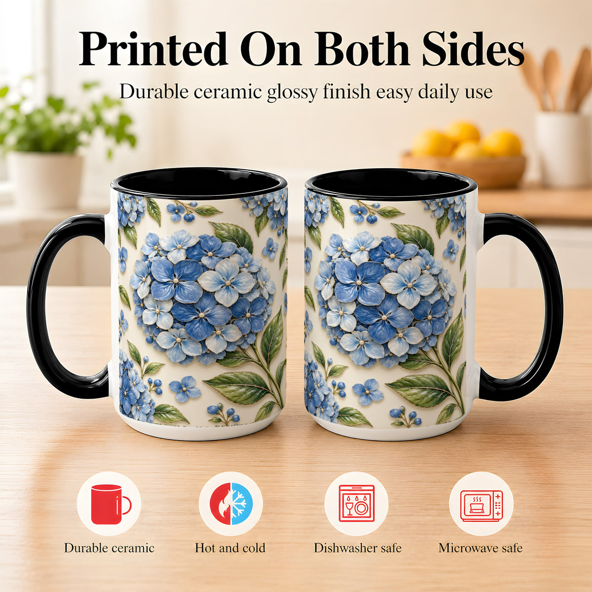 #pl[15oz|Black] Blue Hydrangea Coffee Mug, Botanical Floral Mug, Ceramic Cup