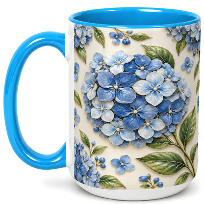 #pl[15oz|Blue] Blue Hydrangea Coffee Mug, Botanical Floral Mug, Ceramic Cup