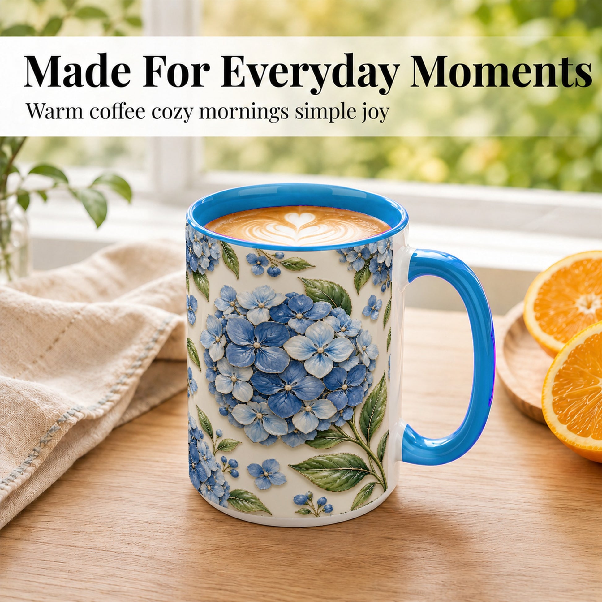 #pl[15oz|Blue] Blue Hydrangea Coffee Mug, Botanical Floral Mug, Ceramic Cup