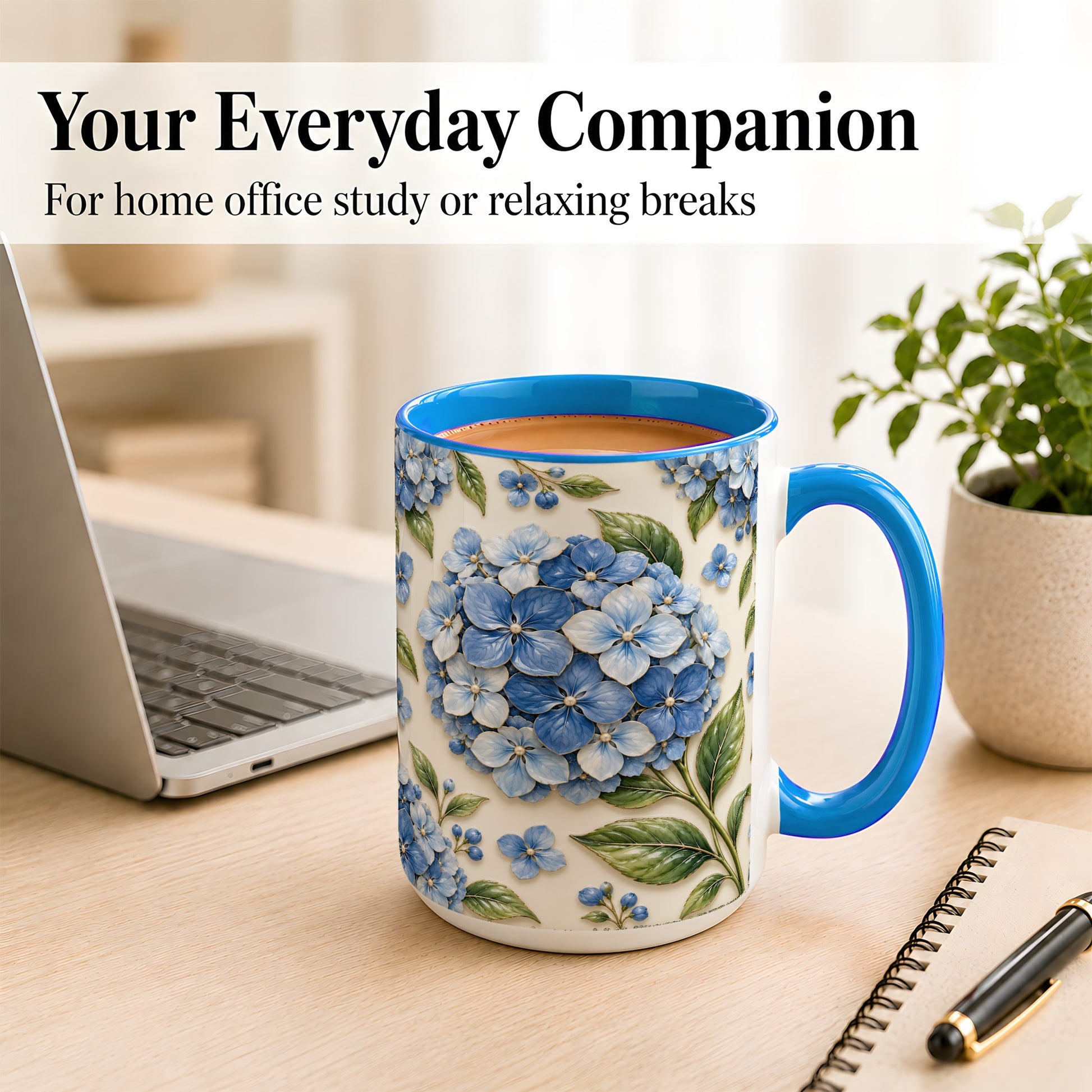 #pl[15oz|Blue] Blue Hydrangea Coffee Mug, Botanical Floral Mug, Ceramic Cup