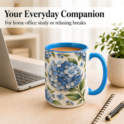 #pl[15oz|Blue] Blue Hydrangea Coffee Mug, Botanical Floral Mug, Ceramic Cup