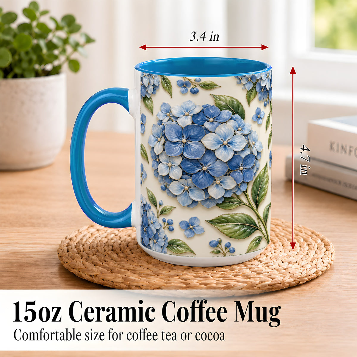 #pl[15oz|Blue] Blue Hydrangea Coffee Mug, Botanical Floral Mug, Ceramic Cup