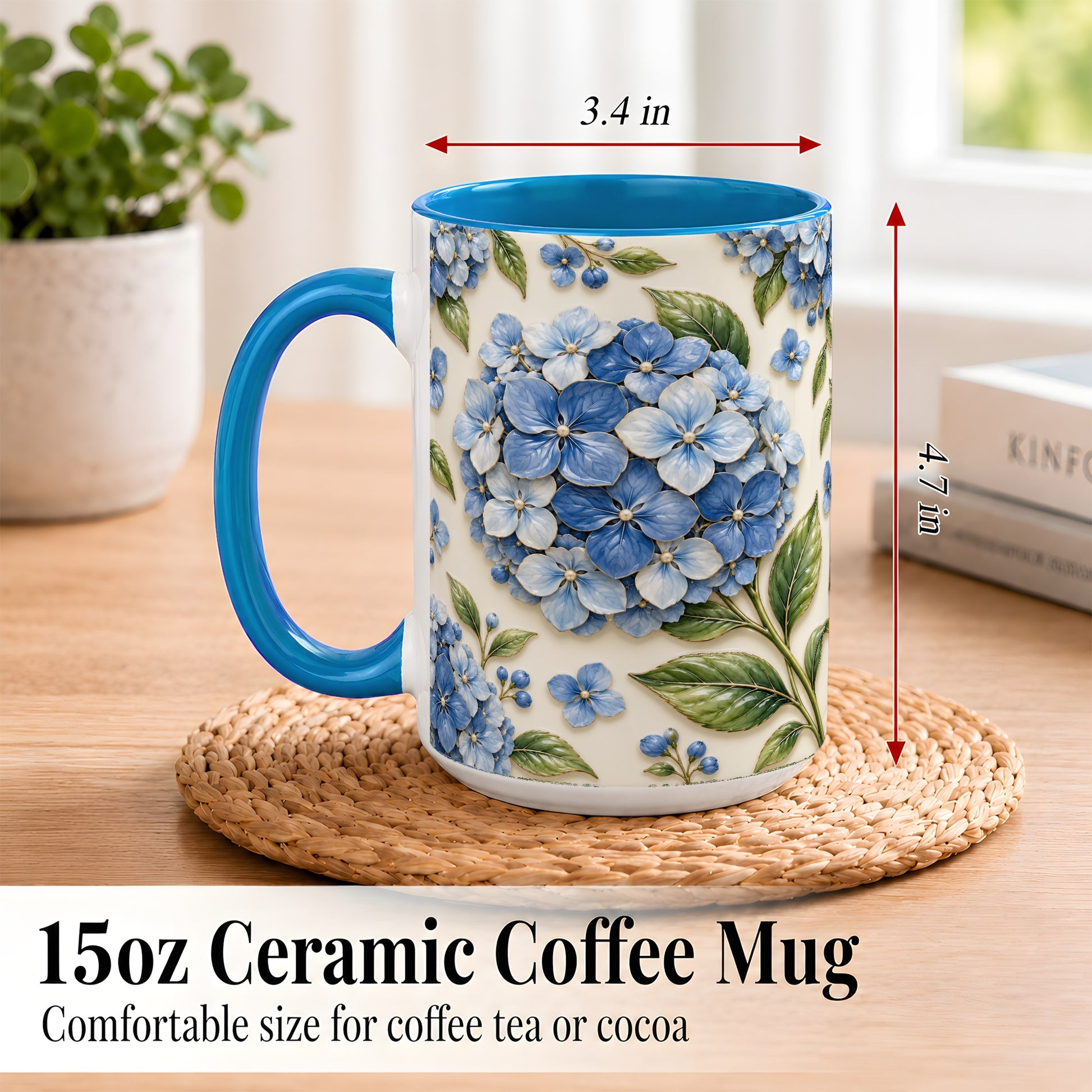 #pl[15oz|Blue] Blue Hydrangea Coffee Mug, Botanical Floral Mug, Ceramic Cup