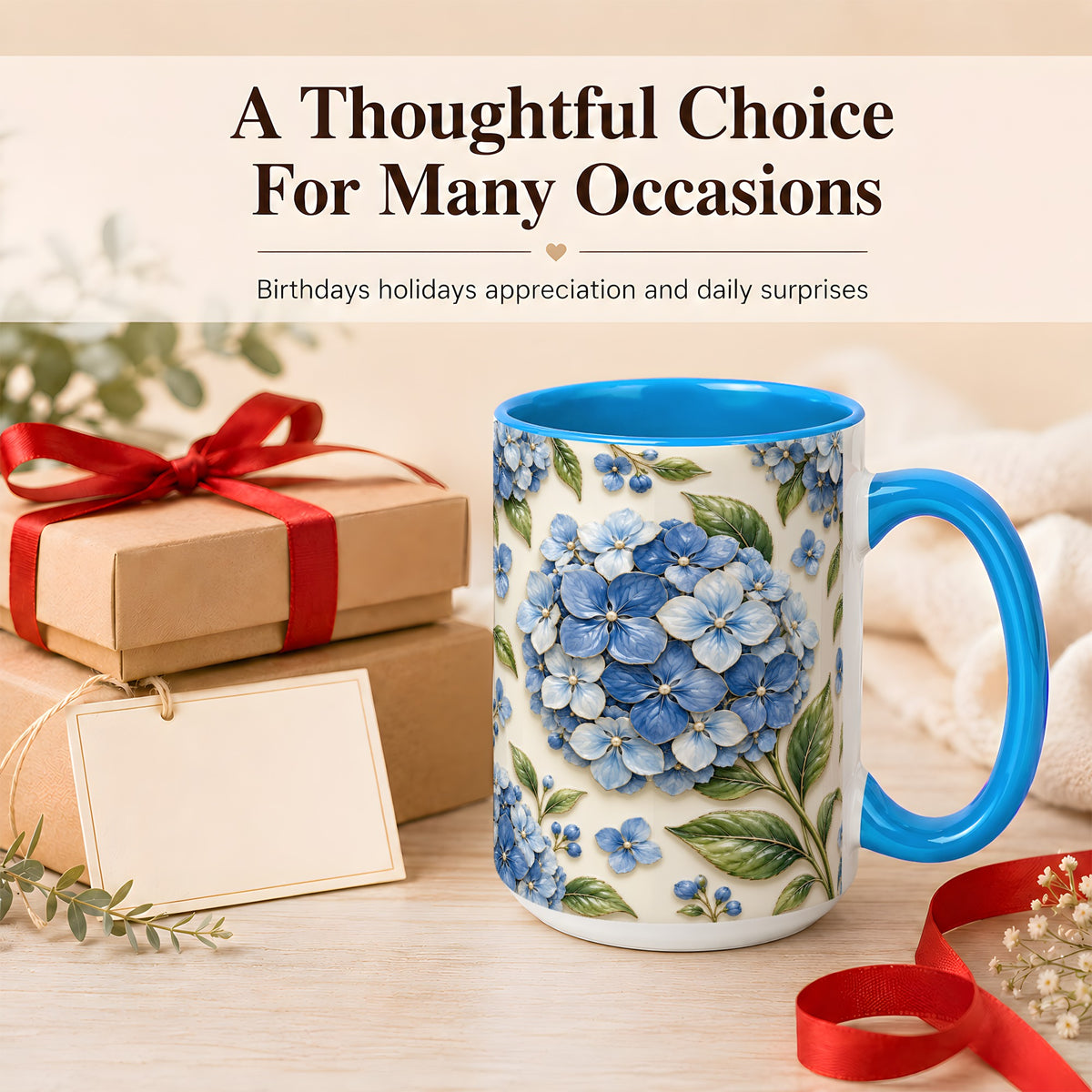 #pl[15oz|Blue] Blue Hydrangea Coffee Mug, Botanical Floral Mug, Ceramic Cup