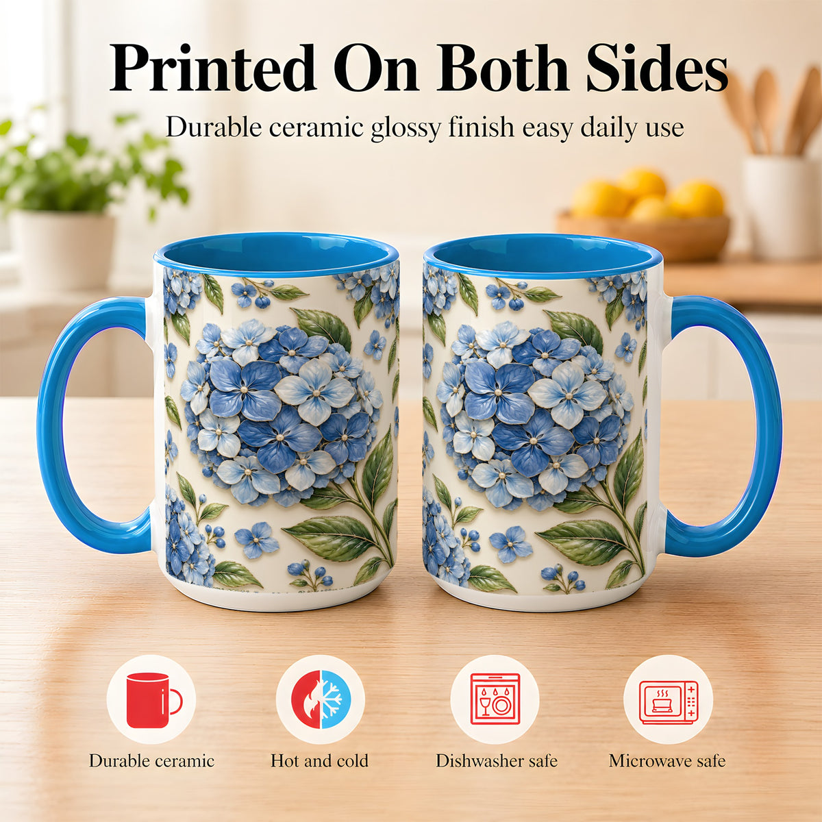 #pl[15oz|Blue] Blue Hydrangea Coffee Mug, Botanical Floral Mug, Ceramic Cup