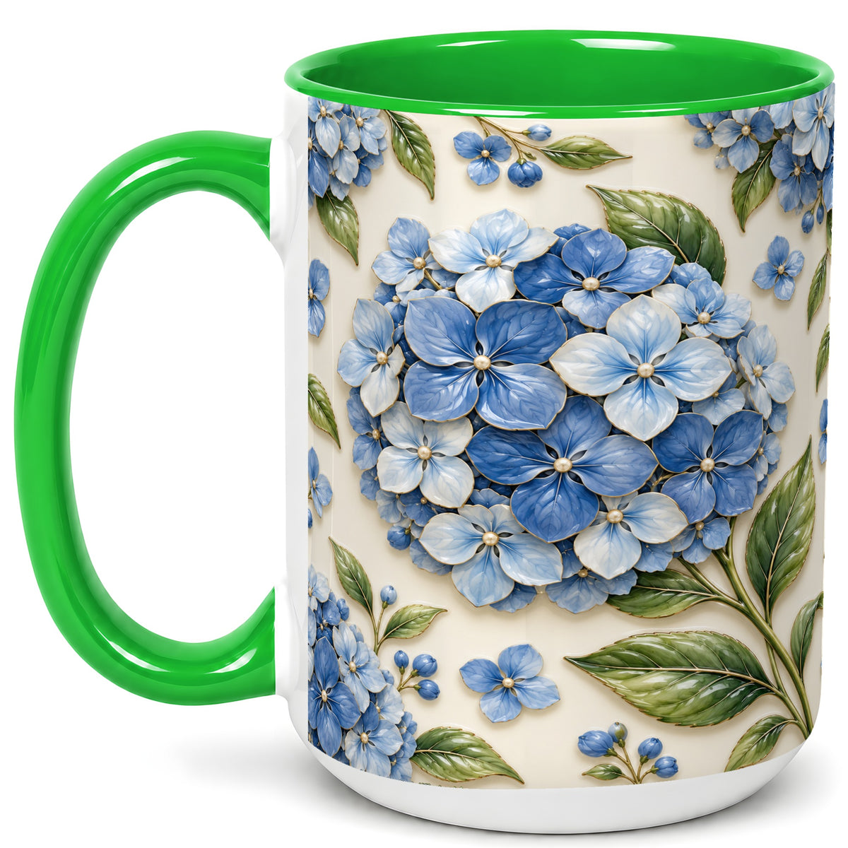 #pl[15oz|Green] Blue Hydrangea Coffee Mug, Botanical Floral Mug, Ceramic Cup