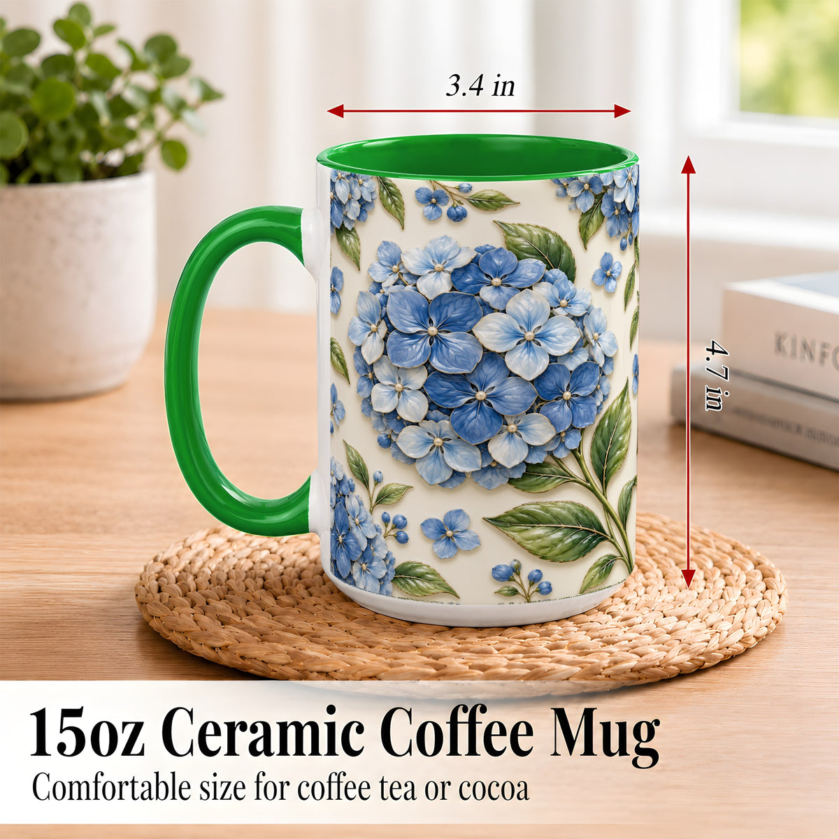 #pl[15oz|Green] Blue Hydrangea Coffee Mug, Botanical Floral Mug, Ceramic Cup