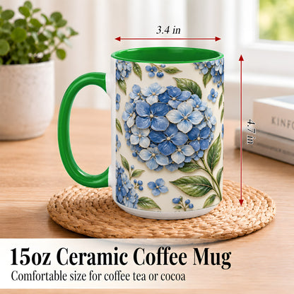 #pl[15oz|Green] Blue Hydrangea Coffee Mug, Botanical Floral Mug, Ceramic Cup
