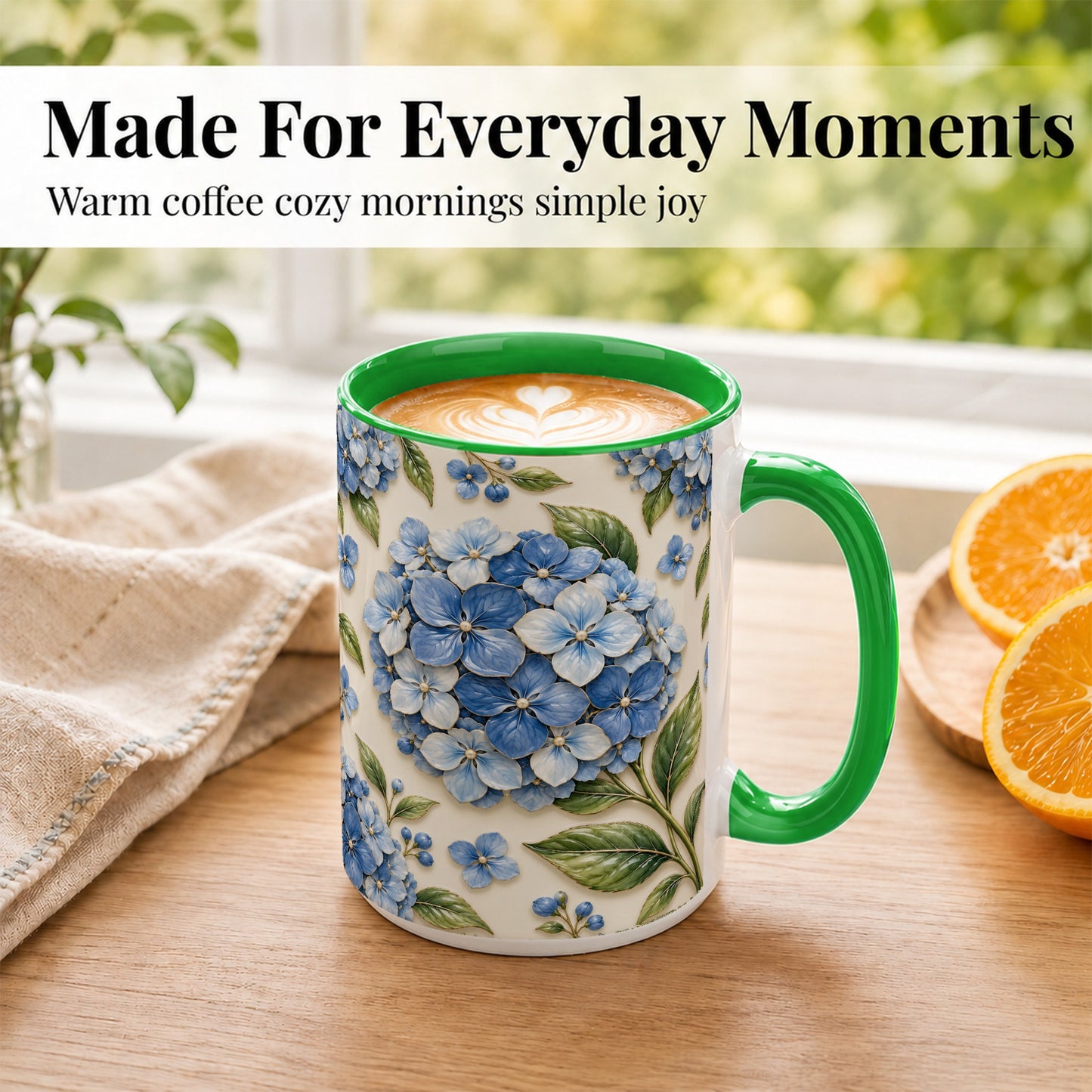 #pl[15oz|Green] Blue Hydrangea Coffee Mug, Botanical Floral Mug, Ceramic Cup