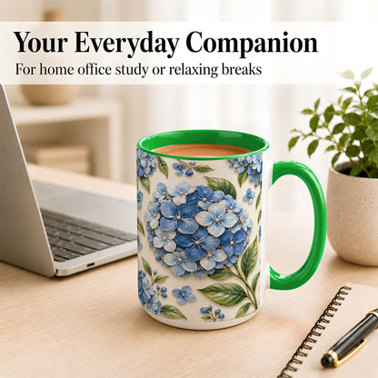 #pl[15oz|Green] Blue Hydrangea Coffee Mug, Botanical Floral Mug, Ceramic Cup