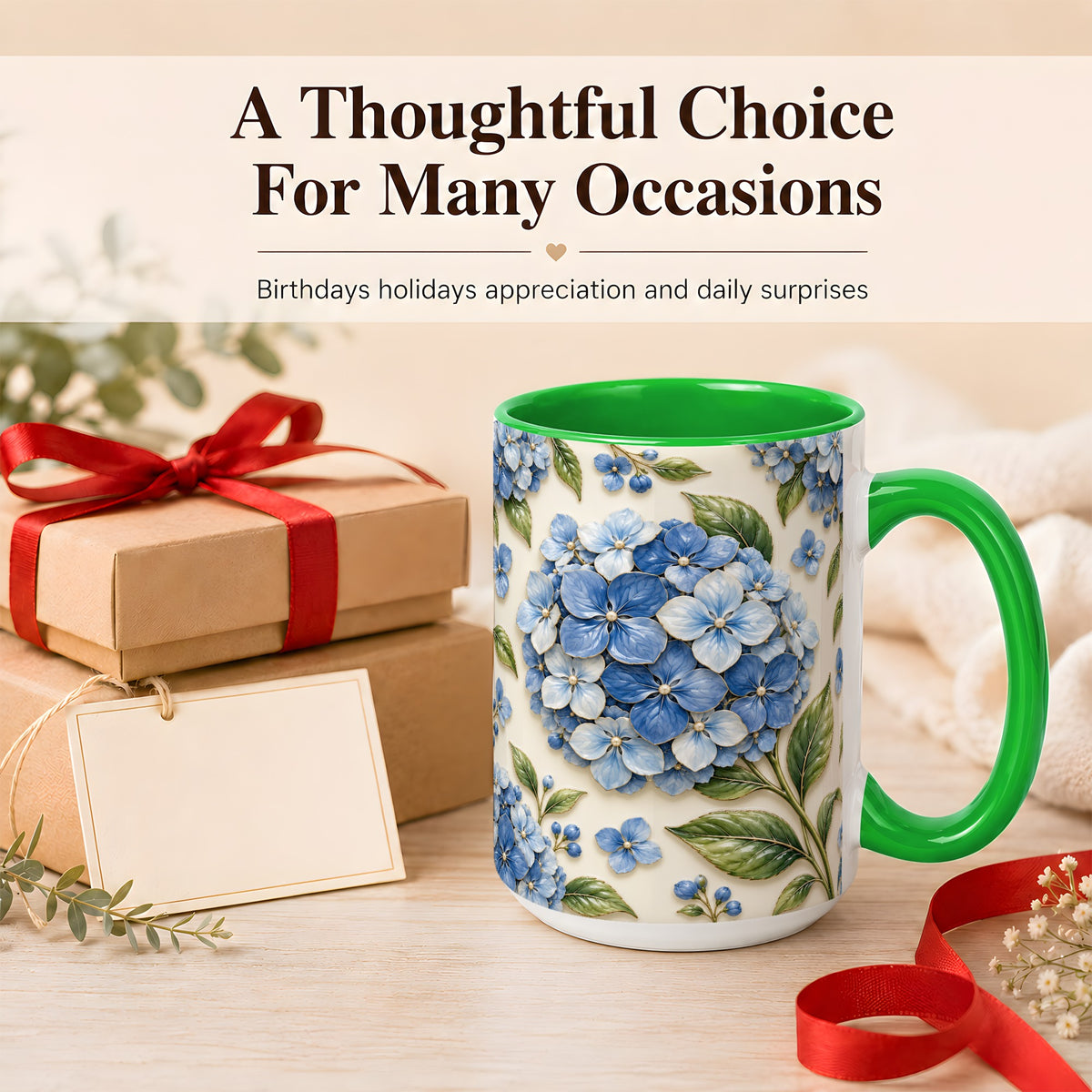 #pl[15oz|Green] Blue Hydrangea Coffee Mug, Botanical Floral Mug, Ceramic Cup