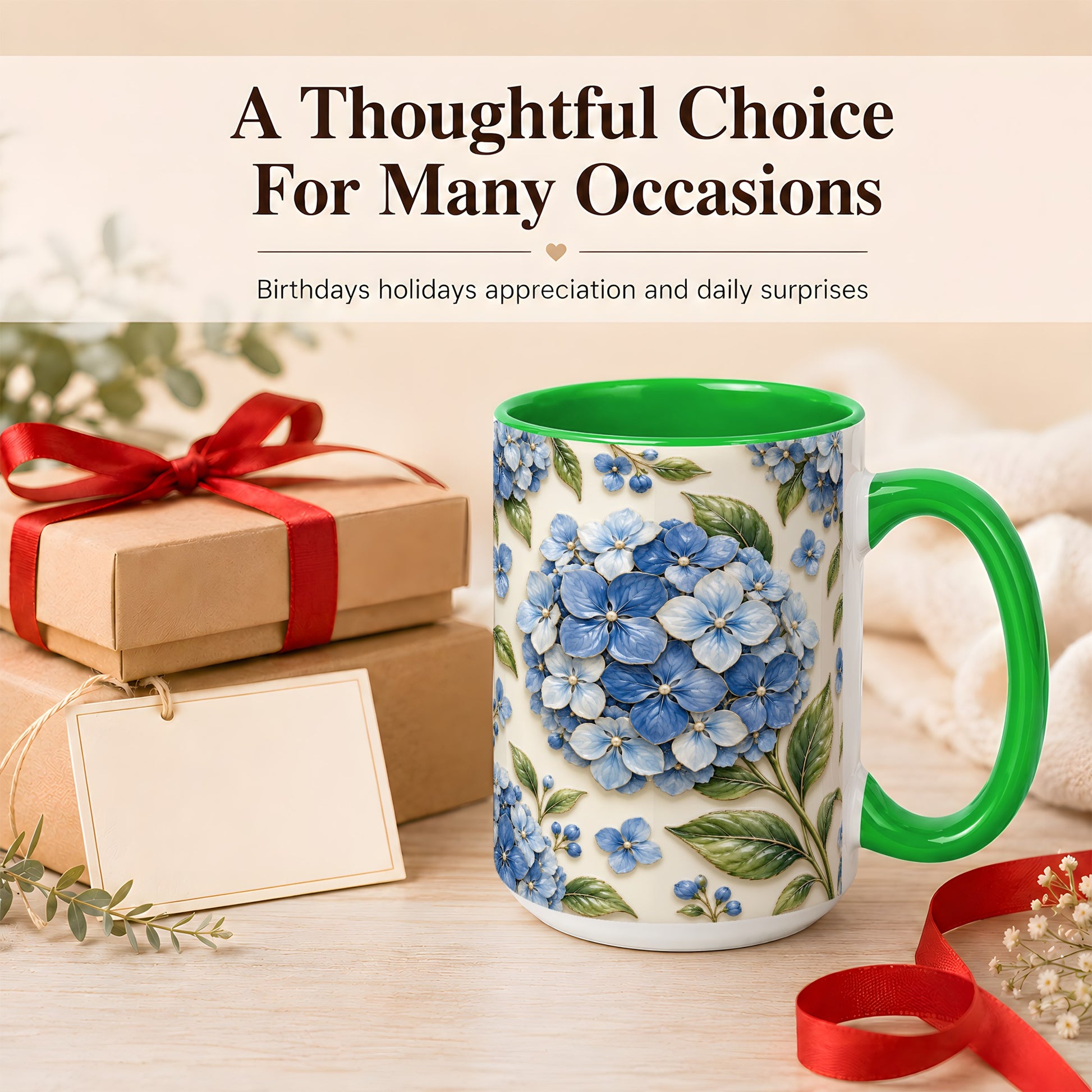 #pl[15oz|Green] Blue Hydrangea Coffee Mug, Botanical Floral Mug, Ceramic Cup