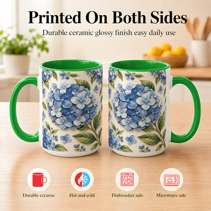 #pl[15oz|Green] Blue Hydrangea Coffee Mug, Botanical Floral Mug, Ceramic Cup