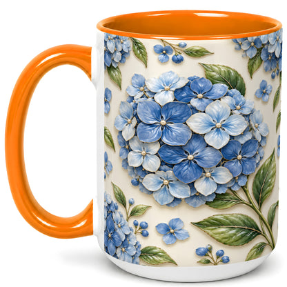 #pl[15oz|Orange] Blue Hydrangea Coffee Mug, Botanical Floral Mug, Ceramic Cup