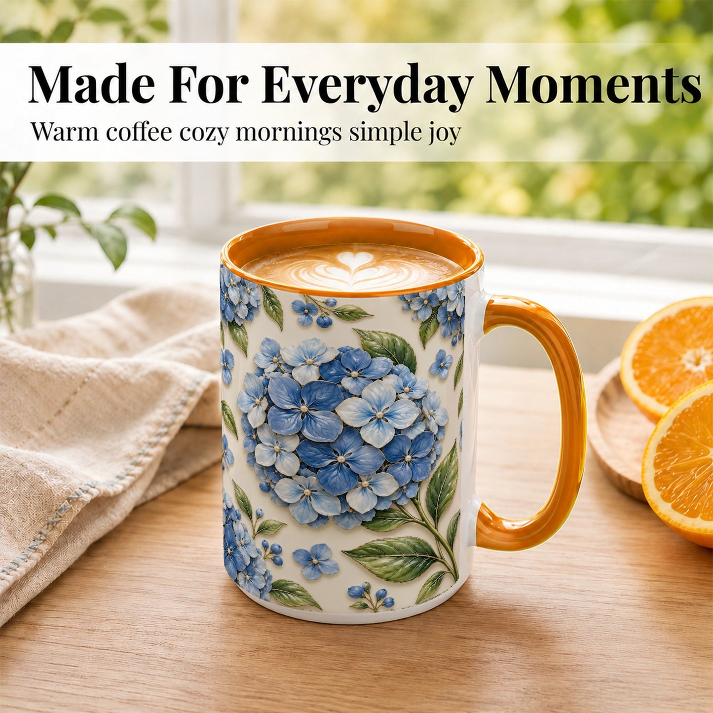 #pl[15oz|Orange] Blue Hydrangea Coffee Mug, Botanical Floral Mug, Ceramic Cup