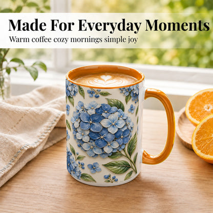 #pl[15oz|Orange] Blue Hydrangea Coffee Mug, Botanical Floral Mug, Ceramic Cup