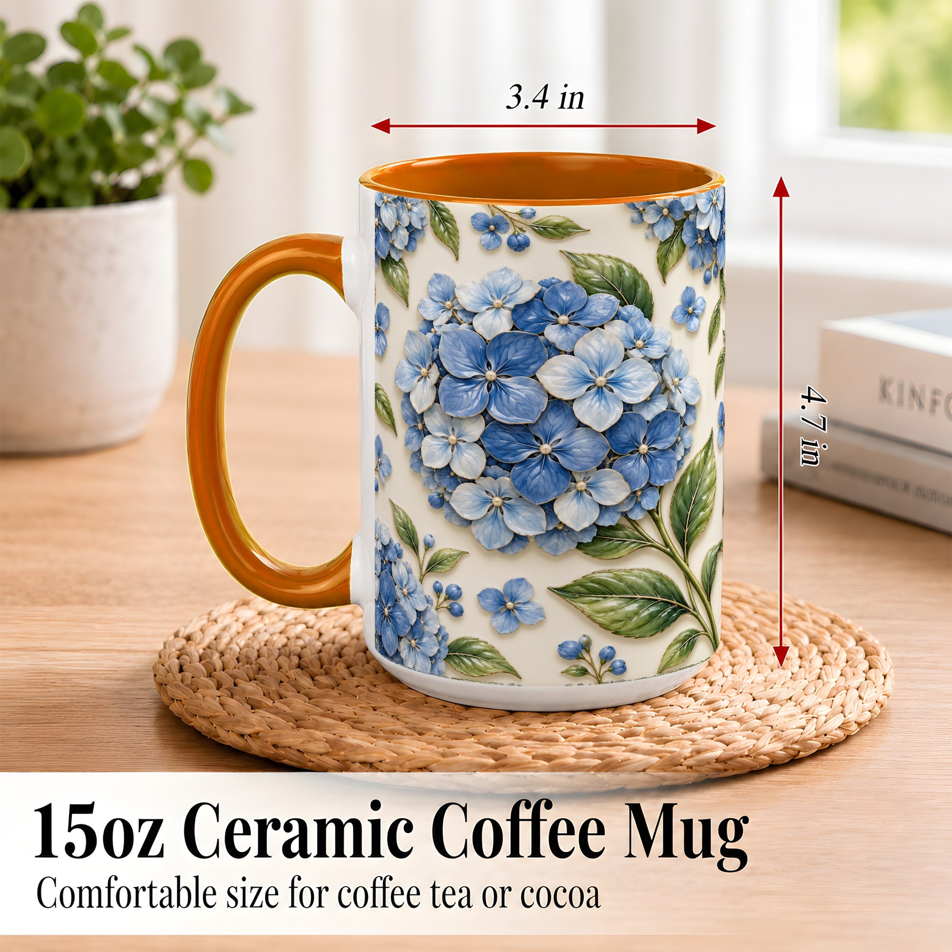 #pl[15oz|Orange] Blue Hydrangea Coffee Mug, Botanical Floral Mug, Ceramic Cup