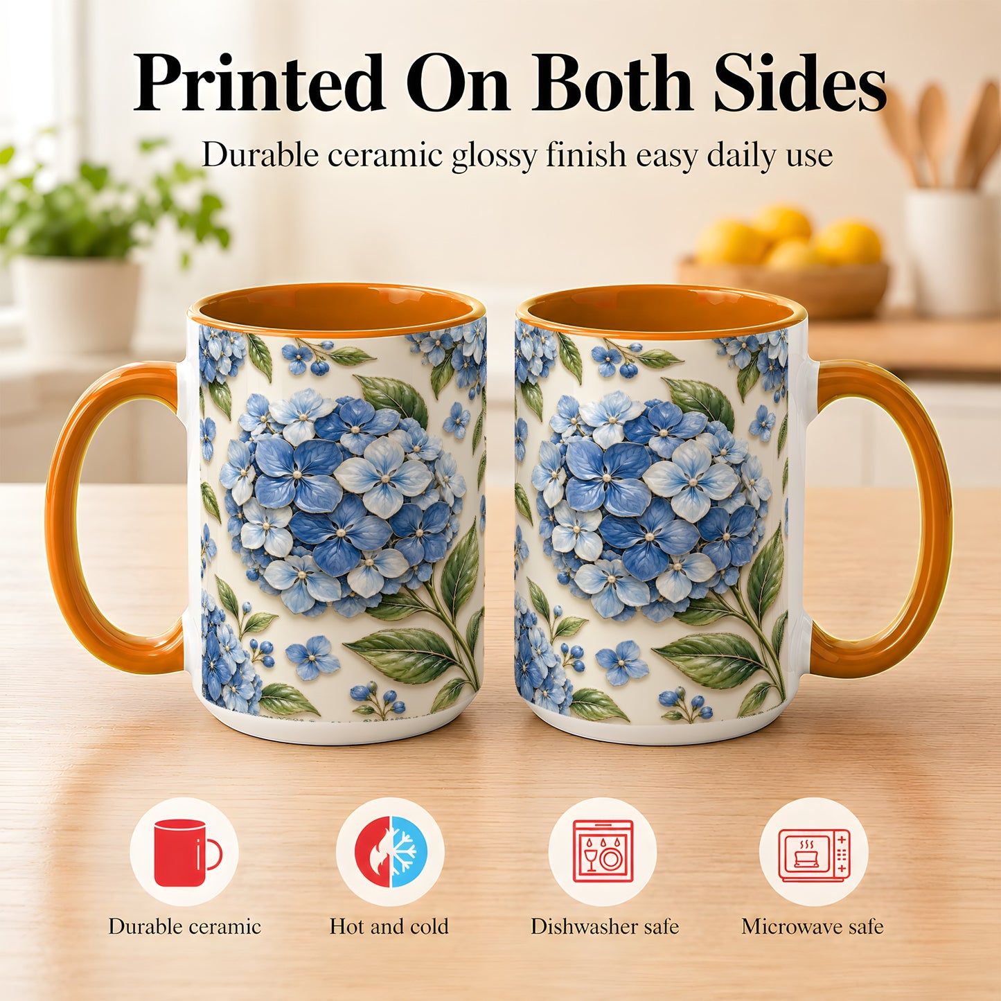 #pl[15oz|Orange] Blue Hydrangea Coffee Mug, Botanical Floral Mug, Ceramic Cup