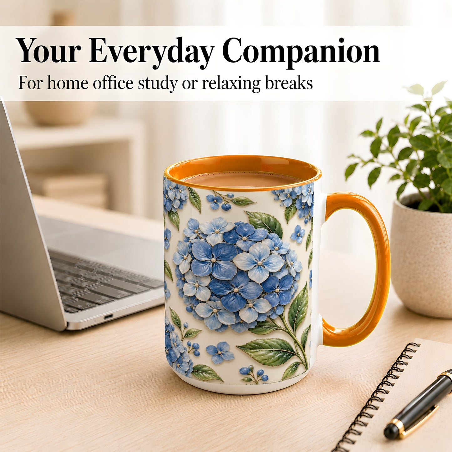 #pl[15oz|Orange] Blue Hydrangea Coffee Mug, Botanical Floral Mug, Ceramic Cup