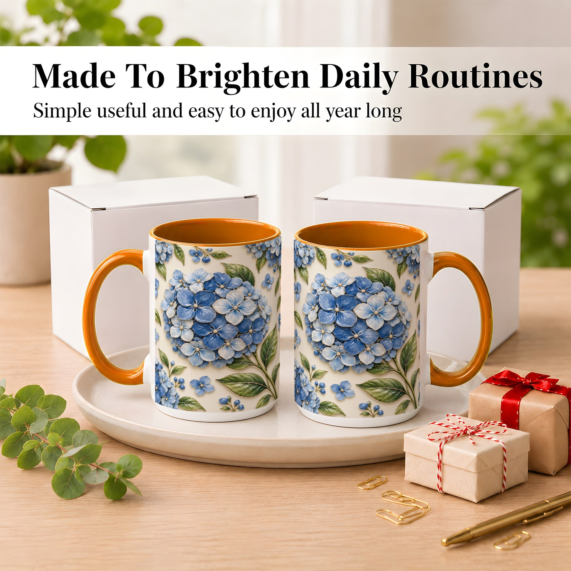 #pl[15oz|Orange] Blue Hydrangea Coffee Mug, Botanical Floral Mug, Ceramic Cup