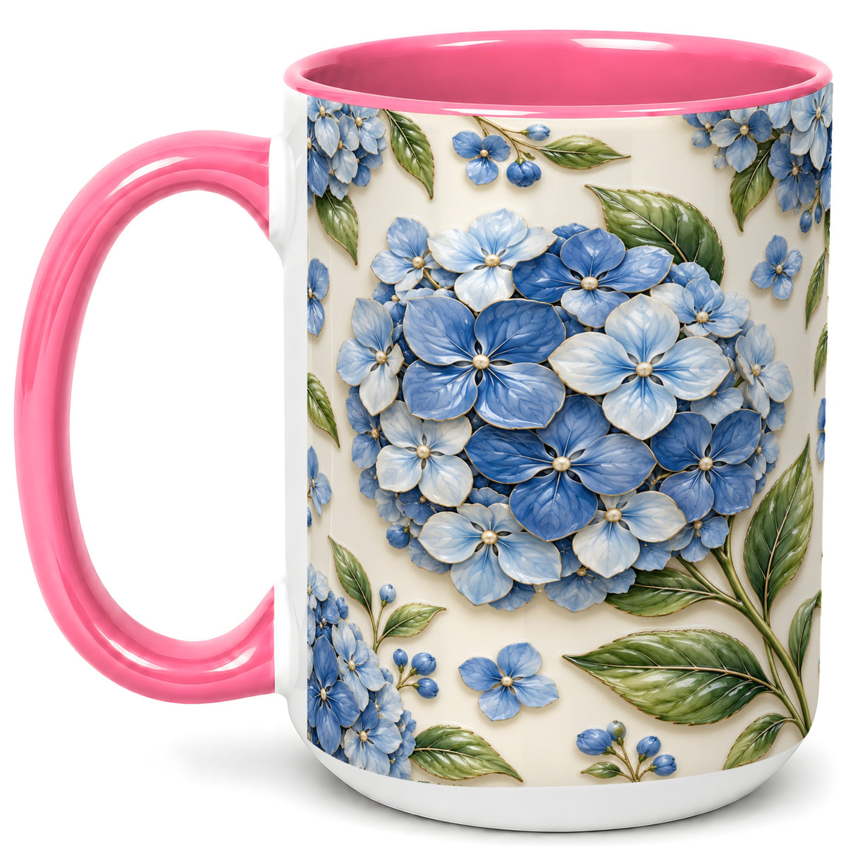 #pl[15oz|Pink] Blue Hydrangea Coffee Mug, Botanical Floral Mug, Ceramic Cup