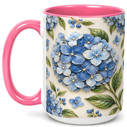 #pl[15oz|Pink] Blue Hydrangea Coffee Mug, Botanical Floral Mug, Ceramic Cup