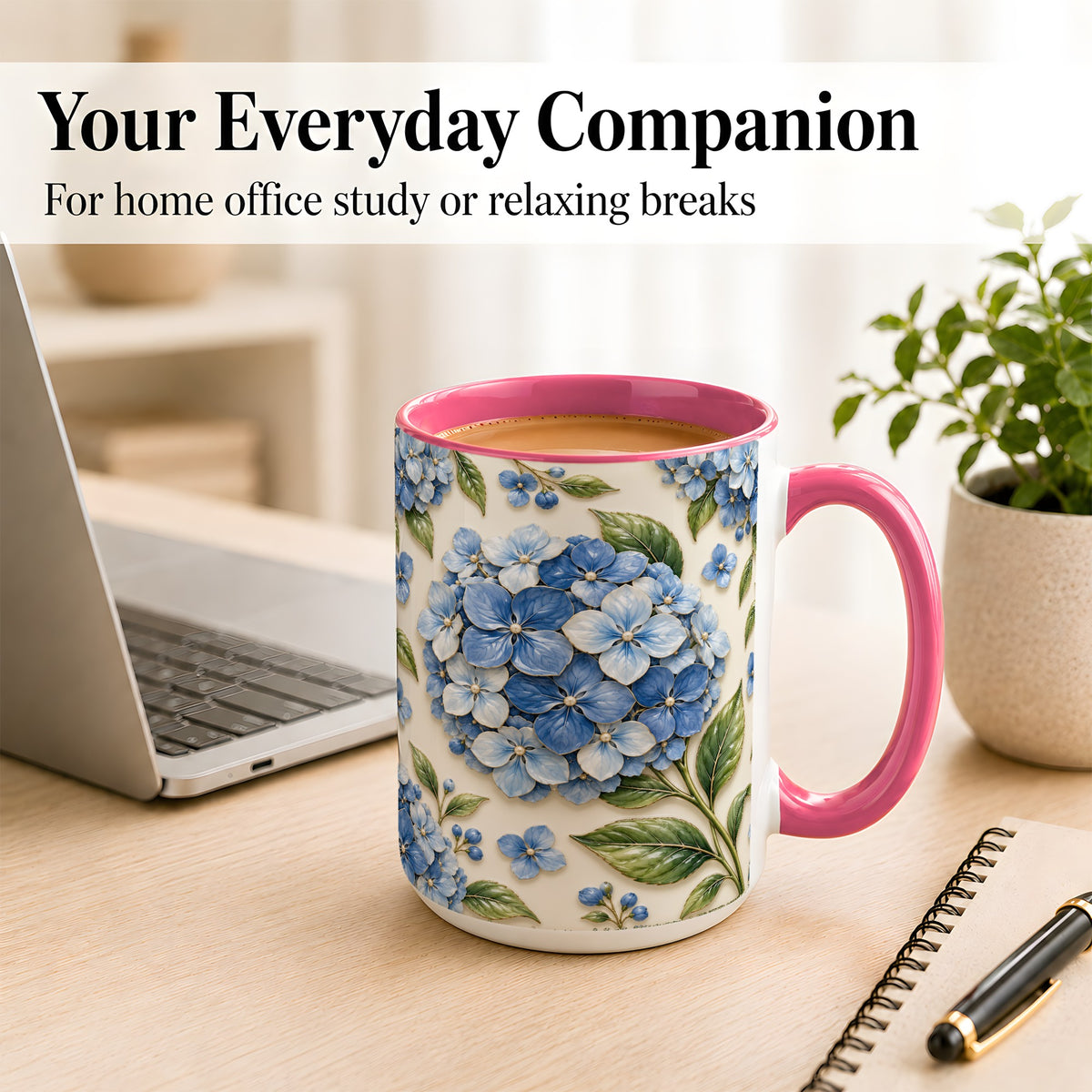 #pl[15oz|Pink] Blue Hydrangea Coffee Mug, Botanical Floral Mug, Ceramic Cup