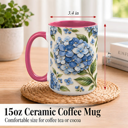 #pl[15oz|Pink] Blue Hydrangea Coffee Mug, Botanical Floral Mug, Ceramic Cup