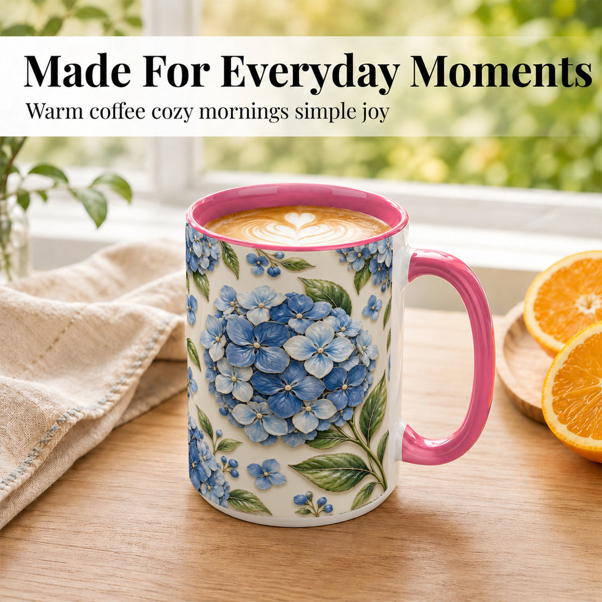 #pl[15oz|Pink] Blue Hydrangea Coffee Mug, Botanical Floral Mug, Ceramic Cup