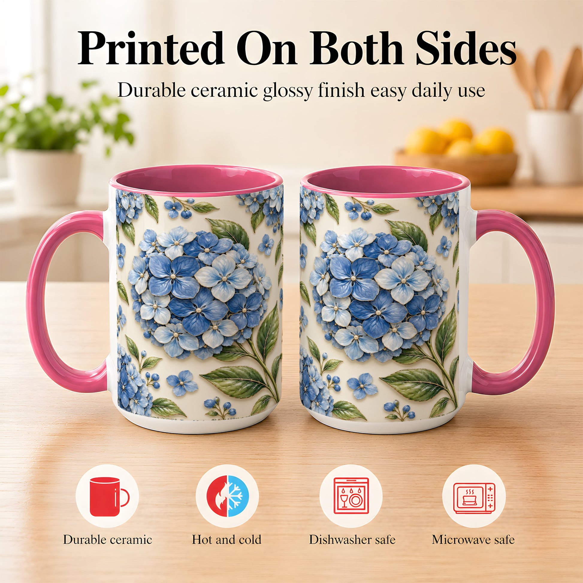 #pl[15oz|Pink] Blue Hydrangea Coffee Mug, Botanical Floral Mug, Ceramic Cup