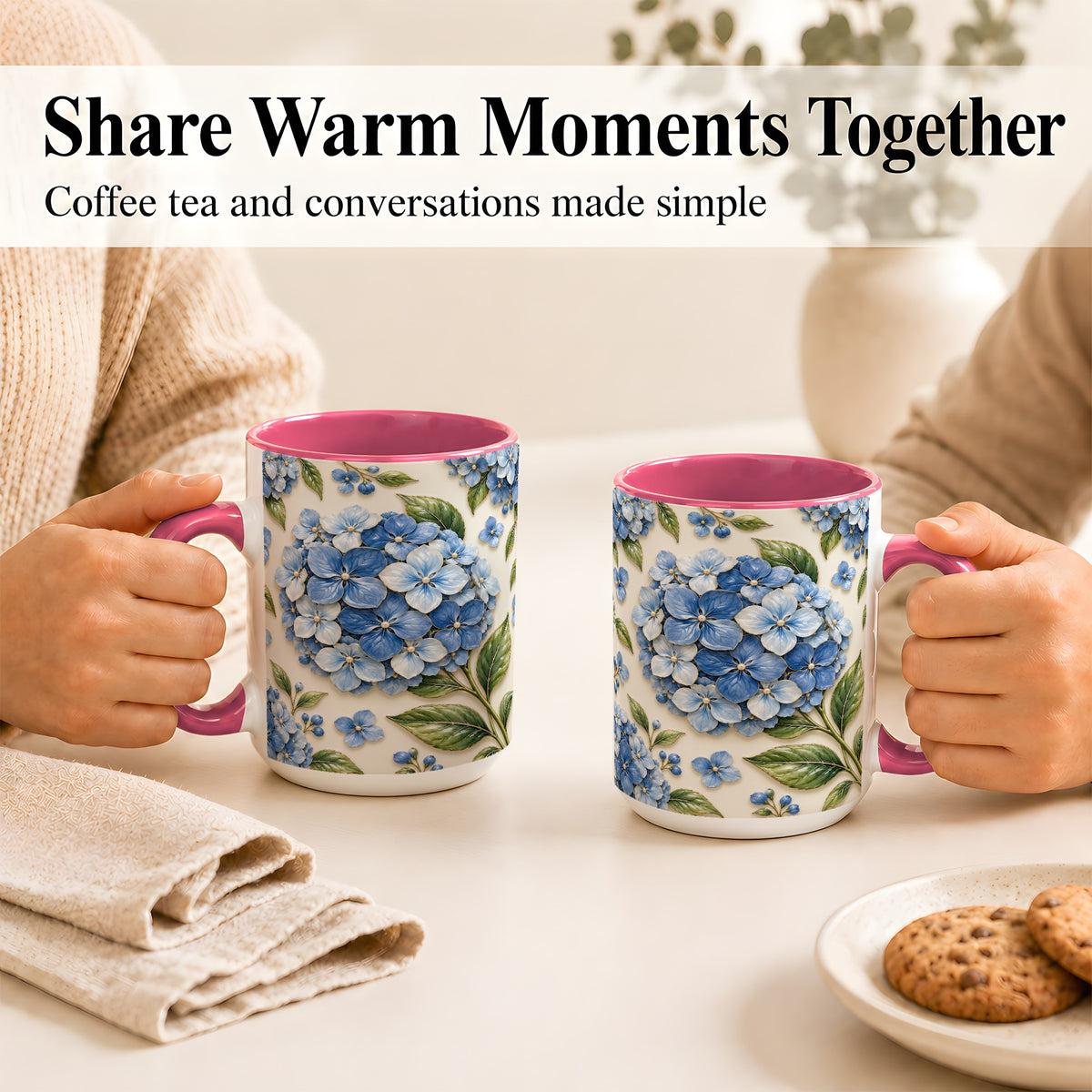 #pl[15oz|Pink] Blue Hydrangea Coffee Mug, Botanical Floral Mug, Ceramic Cup