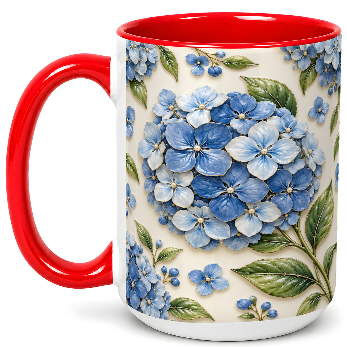 #pl[15oz|Red] Blue Hydrangea Coffee Mug, Botanical Floral Mug, Ceramic Cup
