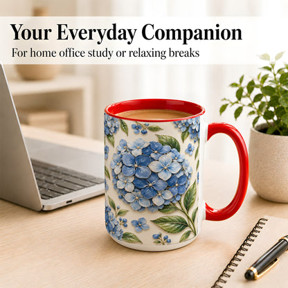 #pl[15oz|Red] Blue Hydrangea Coffee Mug, Botanical Floral Mug, Ceramic Cup