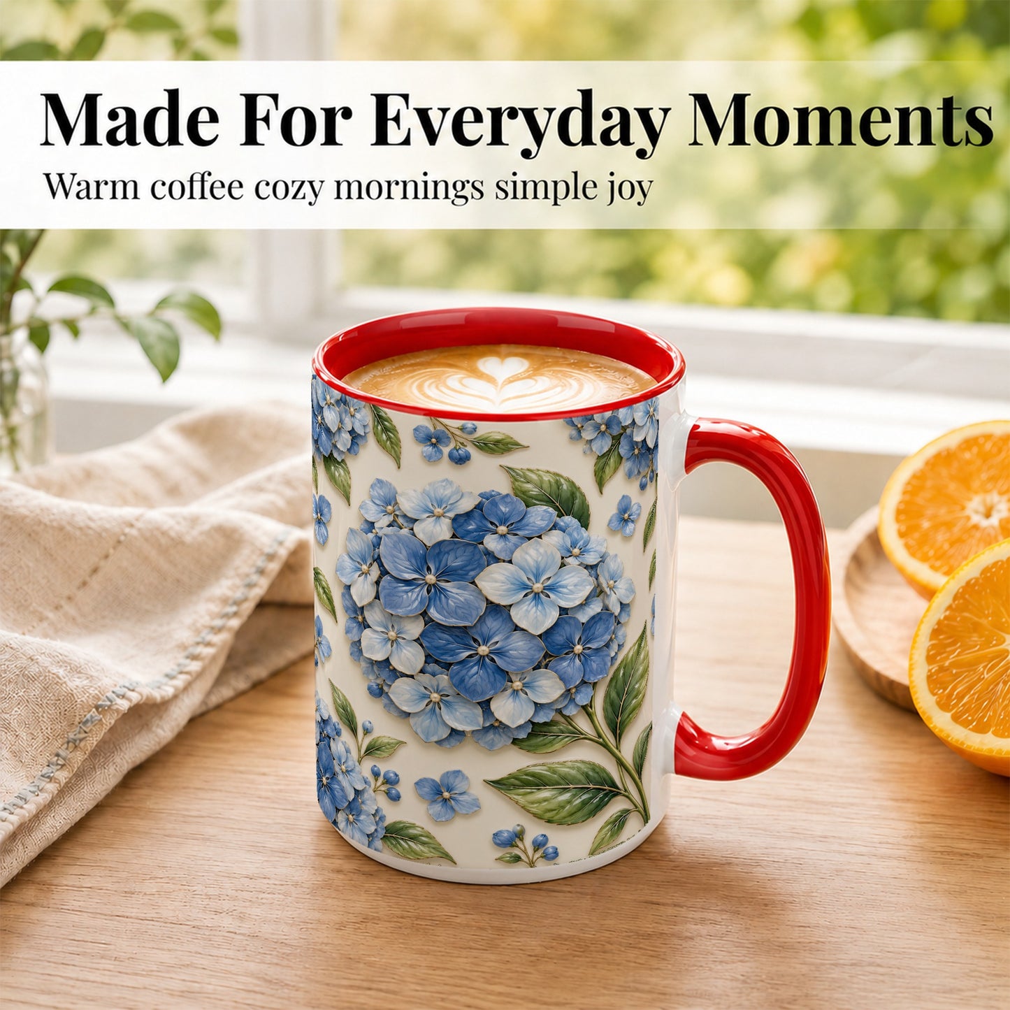 #pl[15oz|Red] Blue Hydrangea Coffee Mug, Botanical Floral Mug, Ceramic Cup