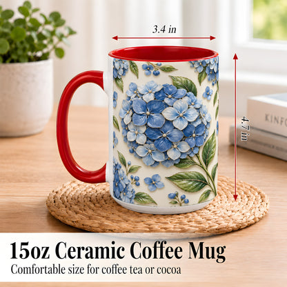#pl[15oz|Red] Blue Hydrangea Coffee Mug, Botanical Floral Mug, Ceramic Cup