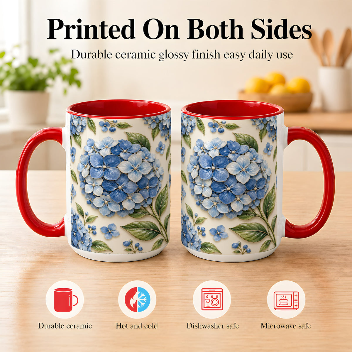#pl[15oz|Red] Blue Hydrangea Coffee Mug, Botanical Floral Mug, Ceramic Cup