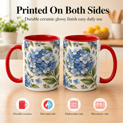 #pl[15oz|Red] Blue Hydrangea Coffee Mug, Botanical Floral Mug, Ceramic Cup