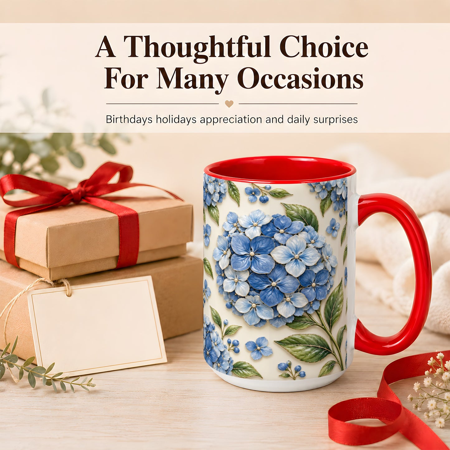 #pl[15oz|Red] Blue Hydrangea Coffee Mug, Botanical Floral Mug, Ceramic Cup