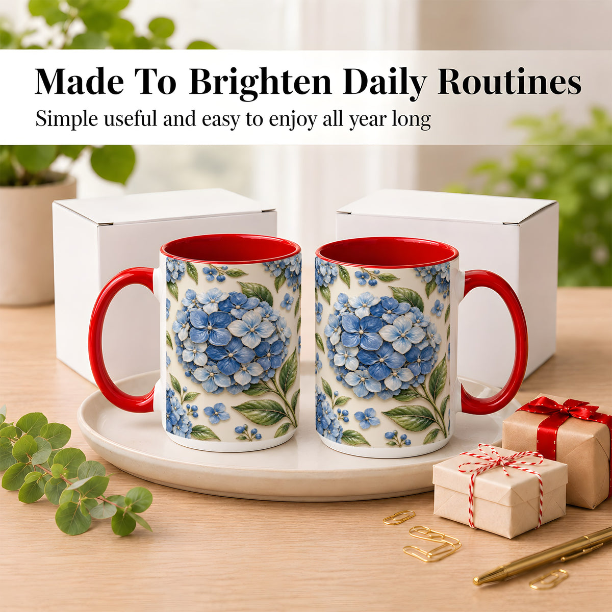 #pl[15oz|Red] Blue Hydrangea Coffee Mug, Botanical Floral Mug, Ceramic Cup