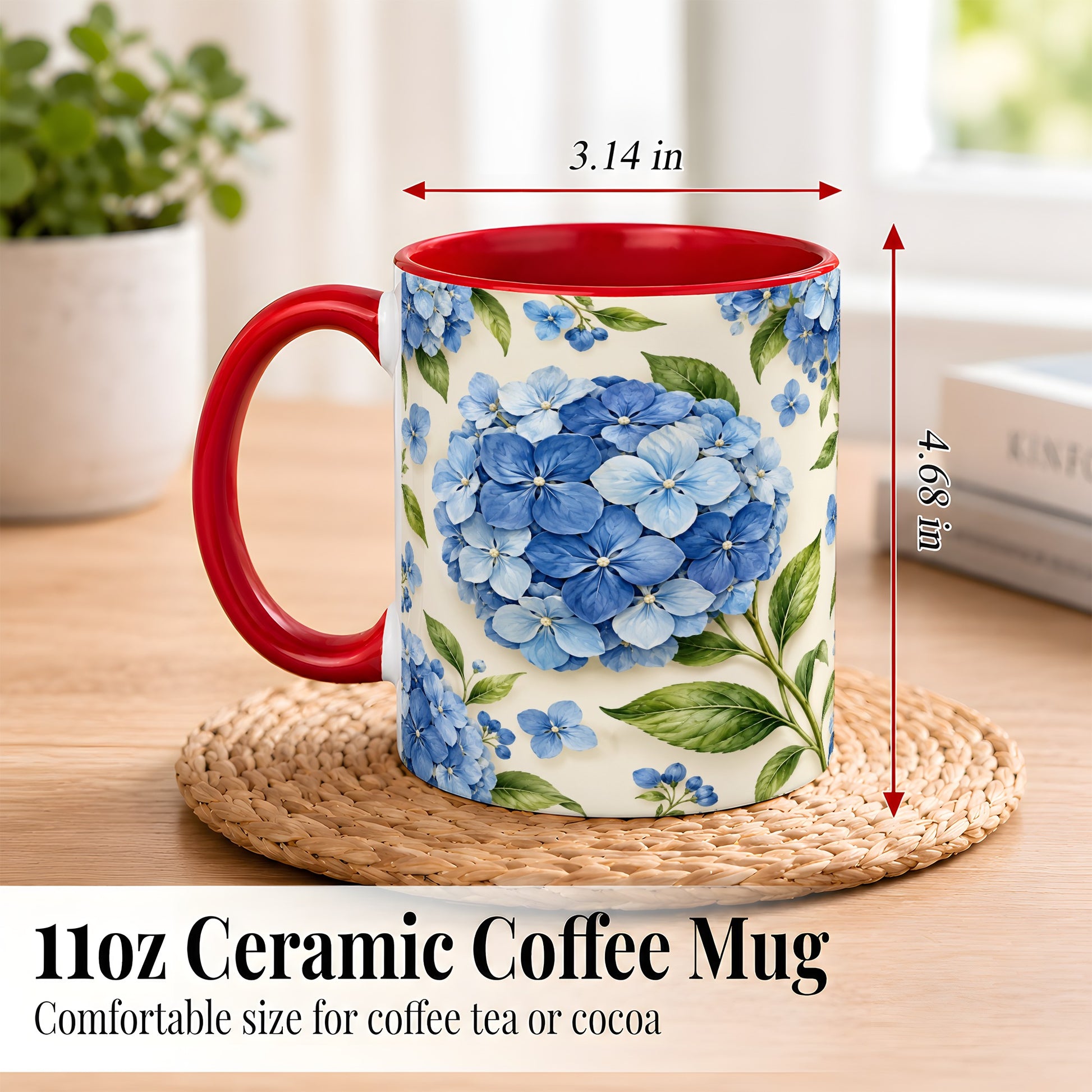#pl[11oz|Red] Blue Hydrangea Coffee Mug, Watercolor Floral Mug, Ceramic Cup