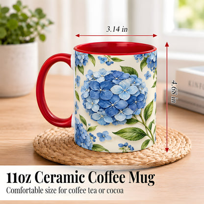 #pl[11oz|Red] Blue Hydrangea Coffee Mug, Watercolor Floral Mug, Ceramic Cup