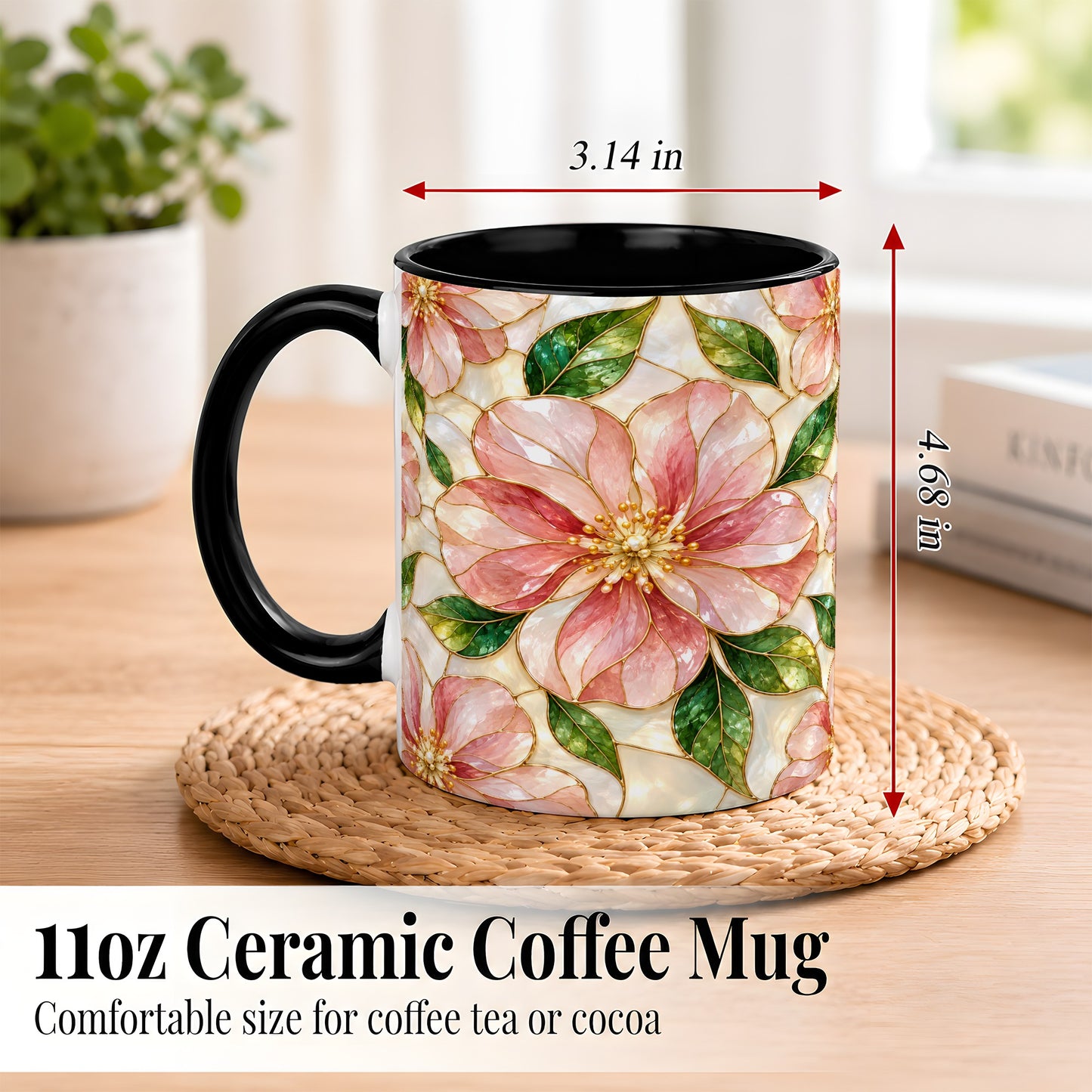 #pl[11oz|Black] Pink Stained Glass Style Coffee Mug, Floral Art Mug, Ceramic Cup