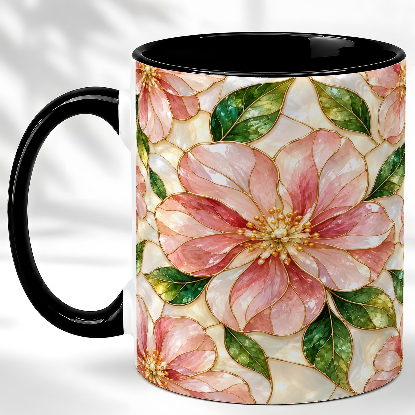 #pl[11oz|Black] Pink Stained Glass Style Coffee Mug, Floral Art Mug, Ceramic Cup