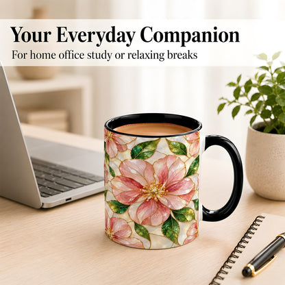 #pl[11oz|Black] Pink Stained Glass Style Coffee Mug, Floral Art Mug, Ceramic Cup