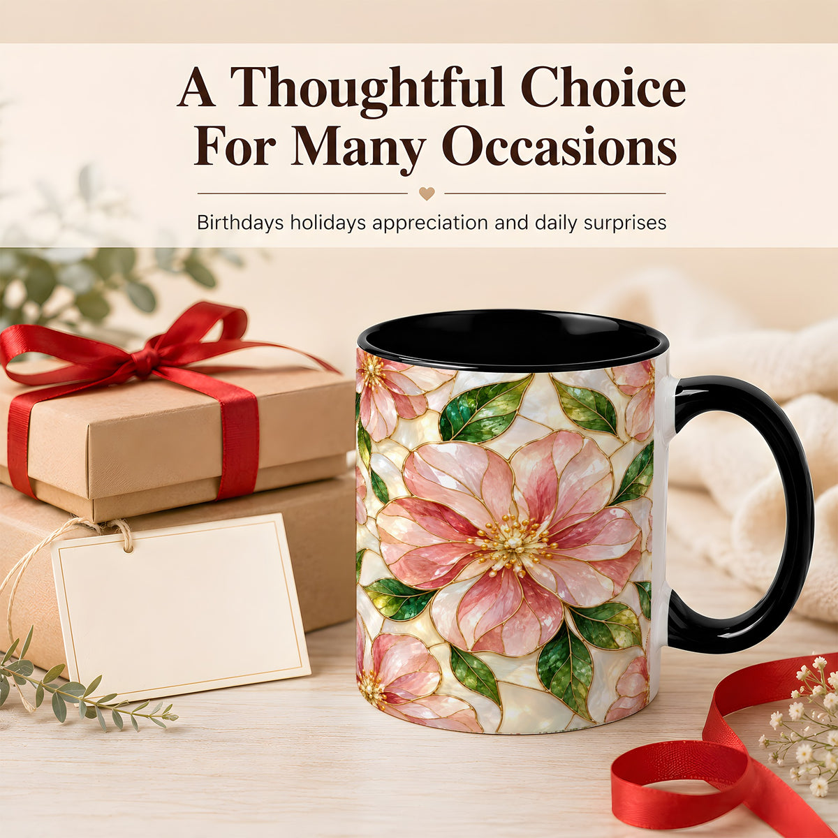 #pl[11oz|Black] Pink Stained Glass Style Coffee Mug, Floral Art Mug, Ceramic Cup
