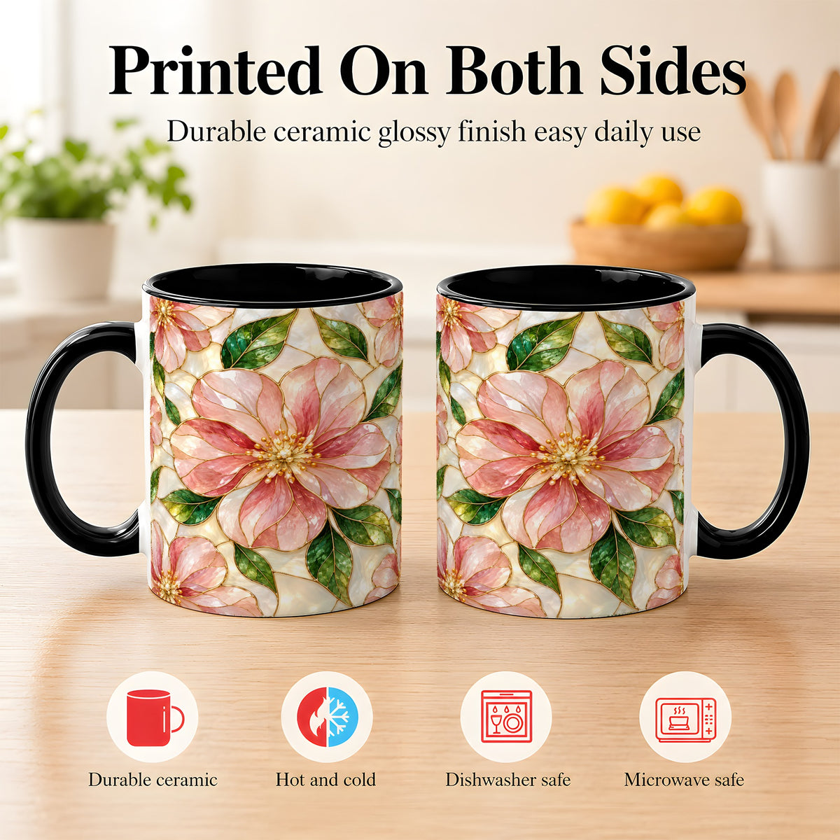 #pl[11oz|Black] Pink Stained Glass Style Coffee Mug, Floral Art Mug, Ceramic Cup