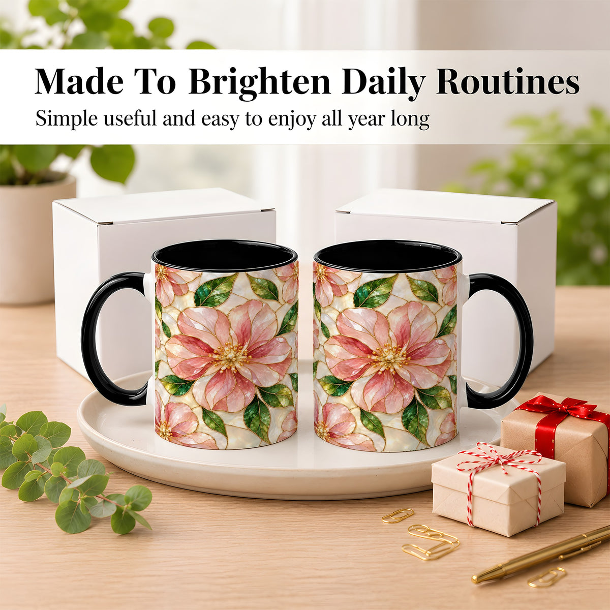 #pl[11oz|Black] Pink Stained Glass Style Coffee Mug, Floral Art Mug, Ceramic Cup